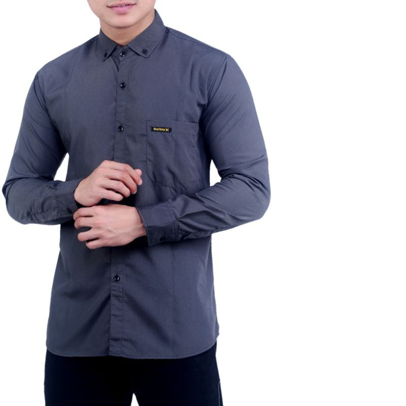 kemeja baju lengan panjang pria polos hitam putih nevy maroon size M L XL-abu