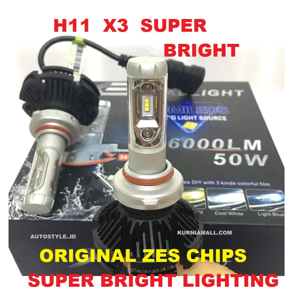 Lampu Mobil X3 H11 LED 50 Watts Lumi led X3 H11 ZES chip 6000 Lumens  2 PCS SUPER BRIGHT