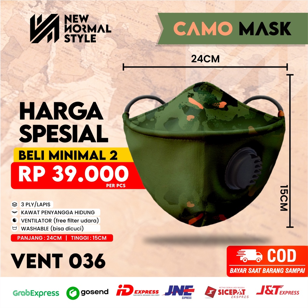 VENT 036 Masker Kain 3D 3 ply Lapis Respirator Hijab Korea Headloop Earloop Motif Pria Premium Keren