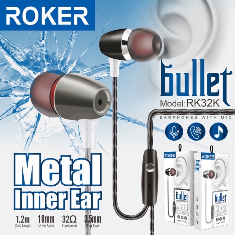 GROSIR HANDSFREE ROKER HF RK32K BULLET ORIGINAL STEREO BASS EARPHONE