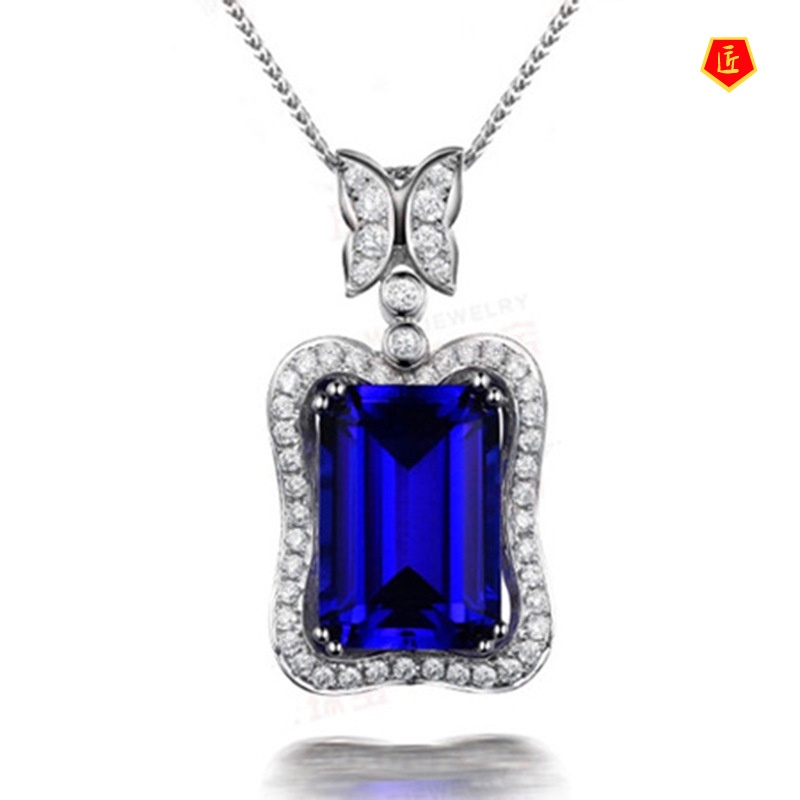 [Ready Stock]Luxury Diamond Micro-Inlaid Butterfly Rectangular Sapphire Pendant for Women