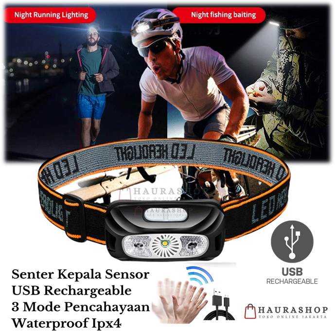 Senter Kepala Sensor Gerak USB Rechargeable Waterproof Super Terang