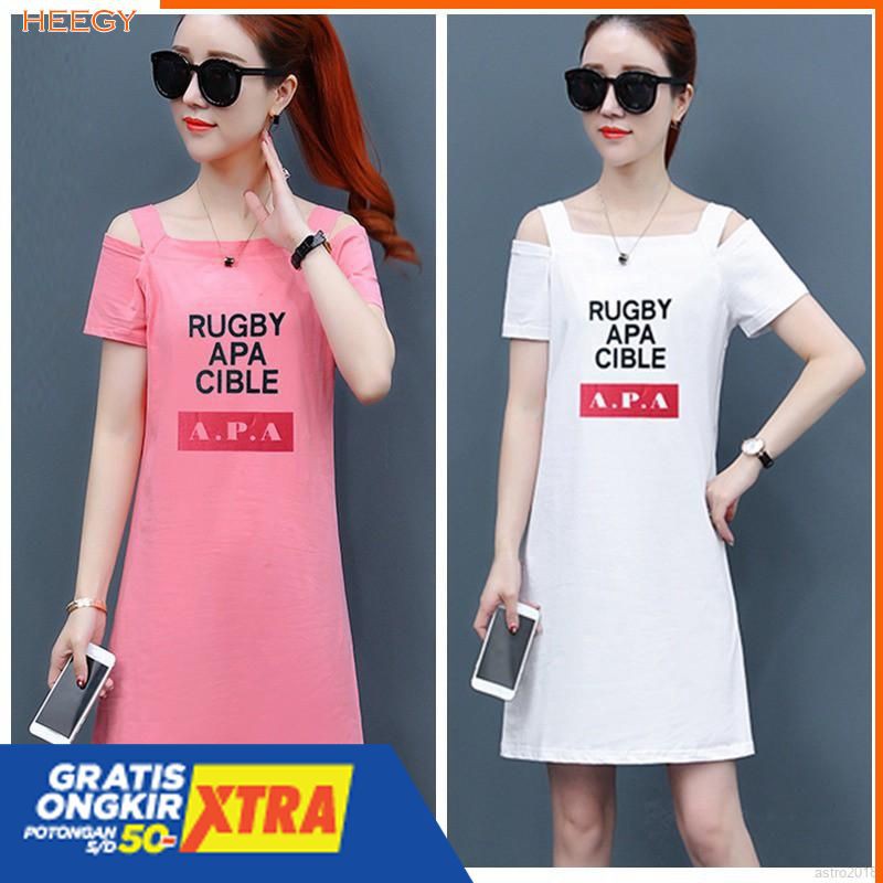 Dress Casual Lengan Pendek Tanpa Tali, Print Huruf Gaya Wanita Korea