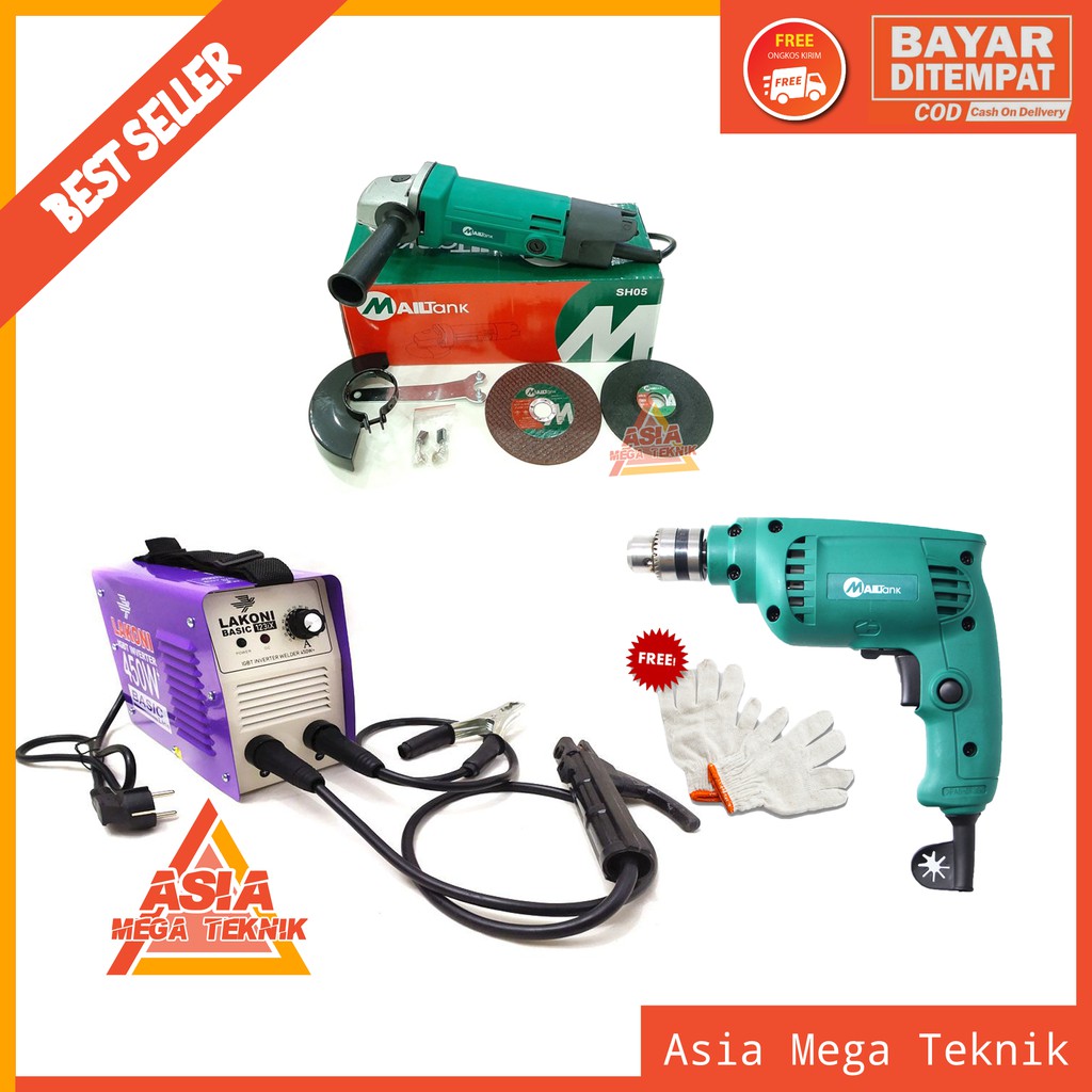 PROMO PAKET TUKANG LAS || MESIN LAS LAKONI - MAILTANK GERINDA TANGAN 4INCH - MAILTANK BOR tangan 10m