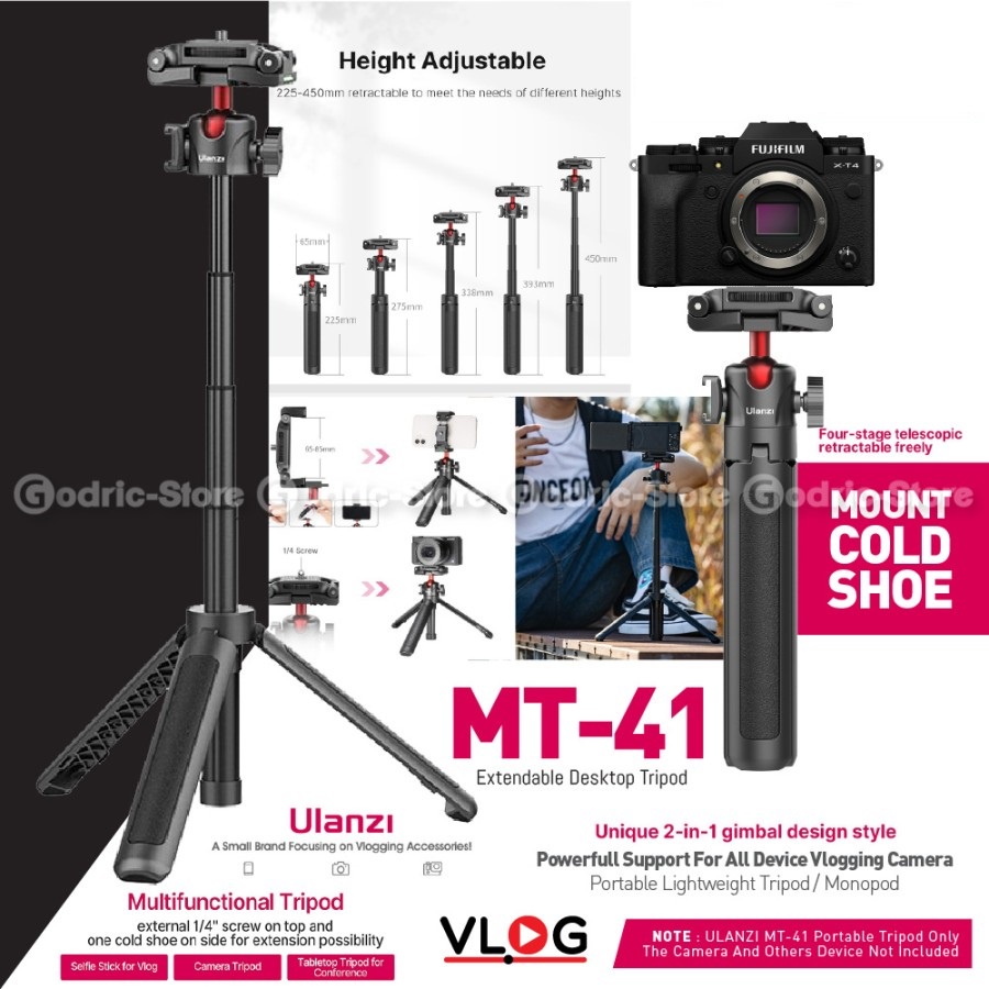 ULANZI MT-41 Tripod Vlog Folding Clip for Camera &amp; HP with Cold Shoe