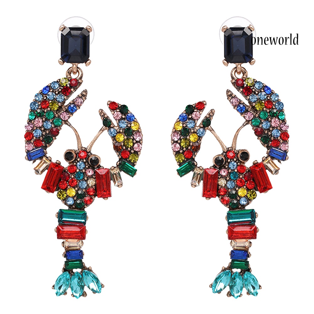 OW@ Creative Women Bling Rhinestone Inlaid Lobster Pendant Statement Stud Earrings