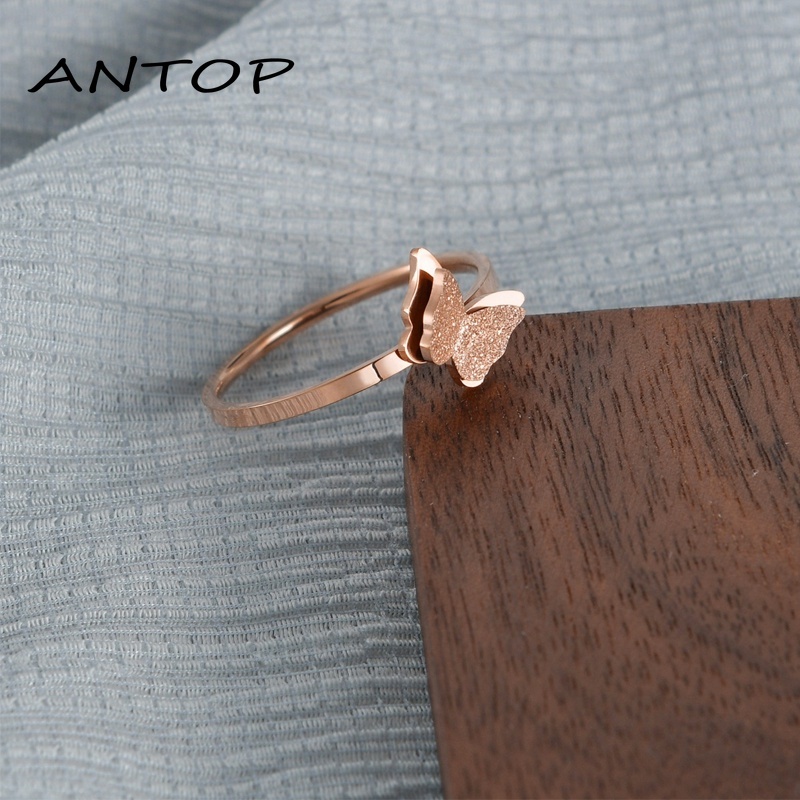 Korea Cincin Titanium Wanita Kupu Karat Lapis Emas Anti Karat Perhiasa Aksesoris Mode ANTOP