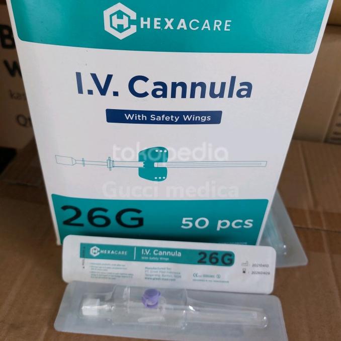 iv canula 26g hexacare with safety wings/abocath 26 pakai sayap'50pc