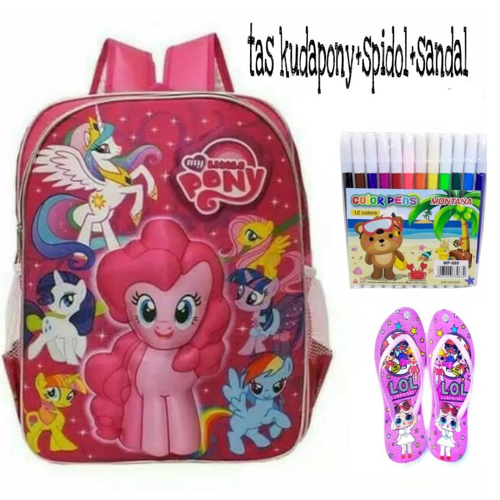 Tas ransel karakter kuda pony 3D free spidol dan sendal