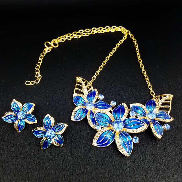 Kalung Wanita set Blue Flower ( kalung + anting ) wedding stuff wedding jewelry wedding accessories