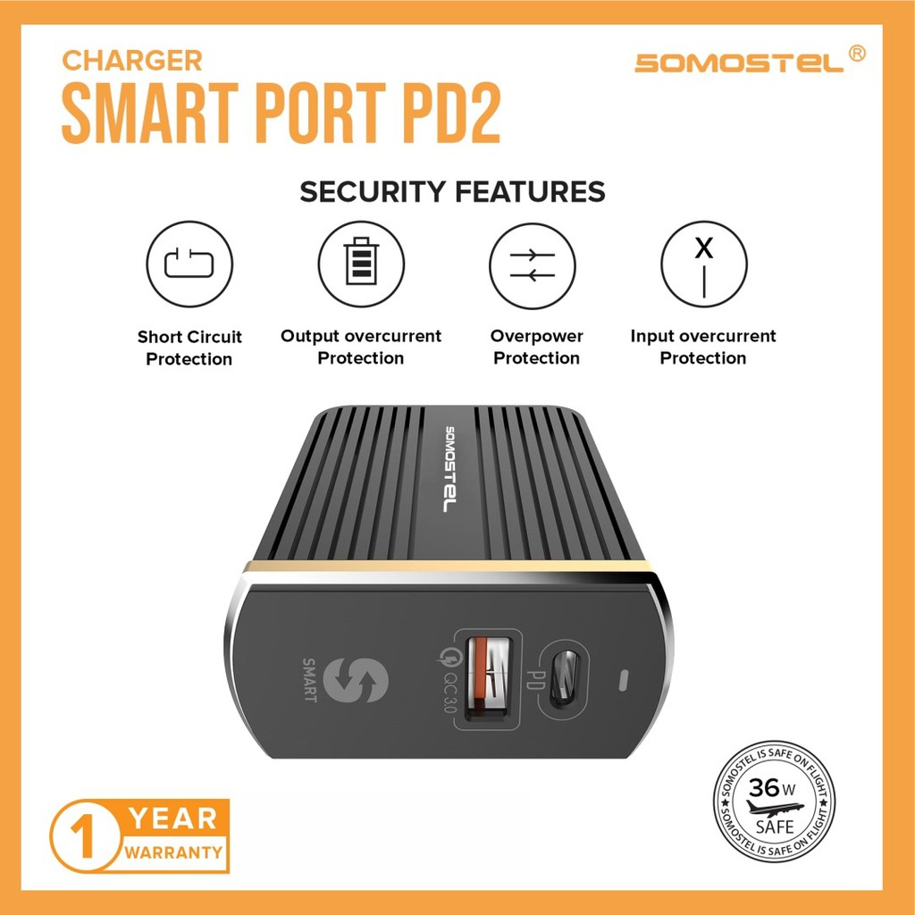 KEPALA CHARGER SOMOSTEL SMART PORT PD2 V8 DAN TYPE C QUALCOMM 3.0