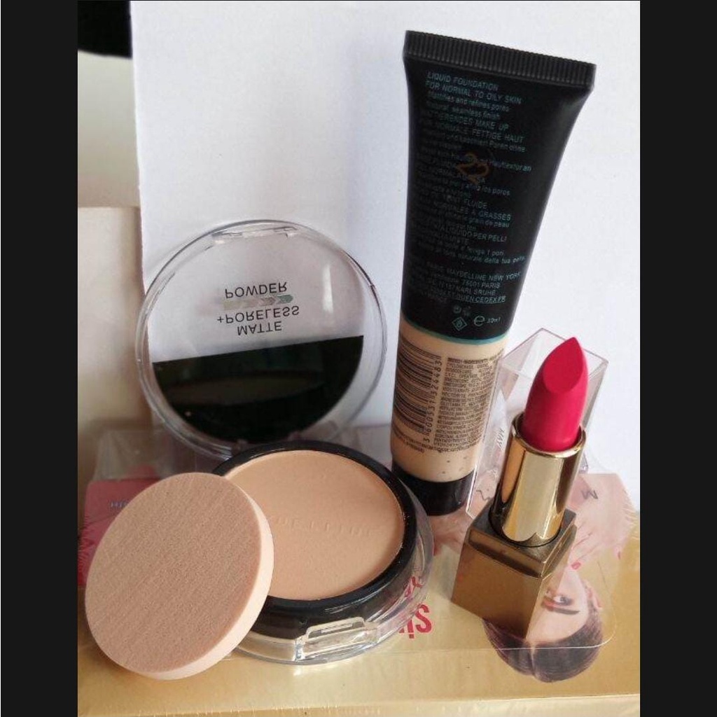 Paket Make Up Maybelline Fit Me 2in1 Foundation Matte Poreless + Powder Dan Lipstick Batang