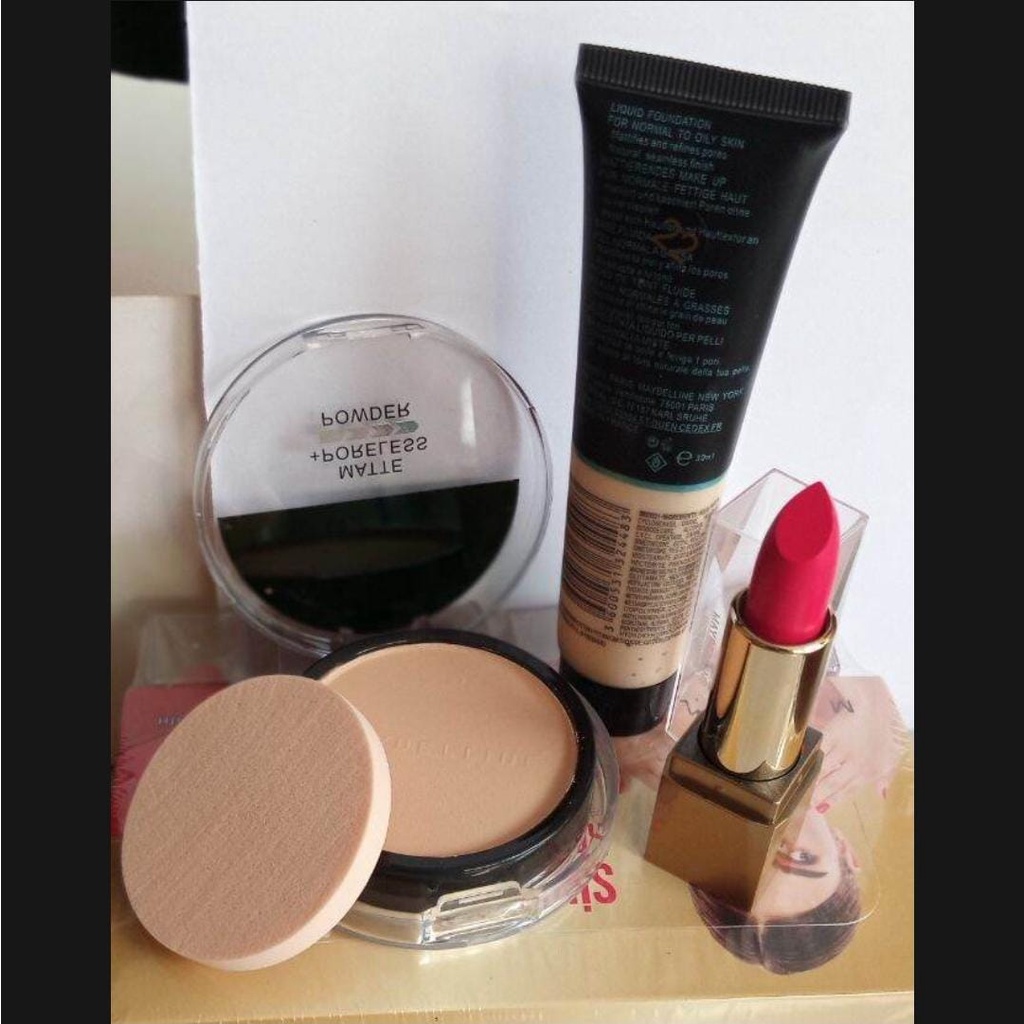 Paket Make Up Maybelline Fit Me 2in1 Foundation Matte Poreless + Powder Dan Lipstick MYB