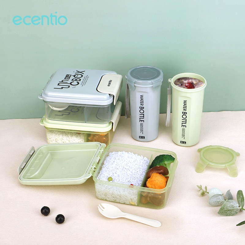 ecentio &amp; FOODI unch box anak set botol tas 3 pcs/tempat makan anti tumpah 2 Sekat 1100ml/1400ml/tas bekal makanan aluminium foil/botol minum 500ml/Free Sendok