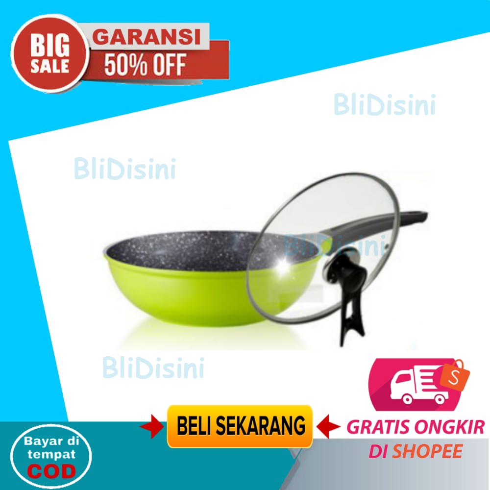 Panci Wok Pan Marble Wajan Korea Go Green Keramik Anti Lengket Gores Tutup Kaca 30 Cm