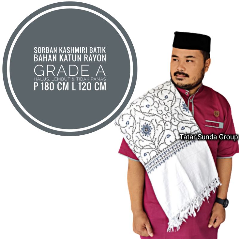 Sorban Putih Polos Panjang Kashmiri Motif Batik Printing Sorban Ukuran Jumbo