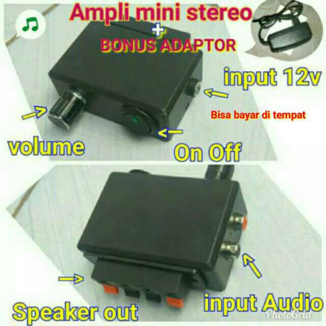 Amplifier mini Stereo 12v, free adaptor power. ( Bisa pake aki motor / mobil )