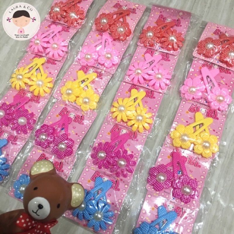 Jepit tip top polkadot bunga mutiara 10pc Grosir Lusinan