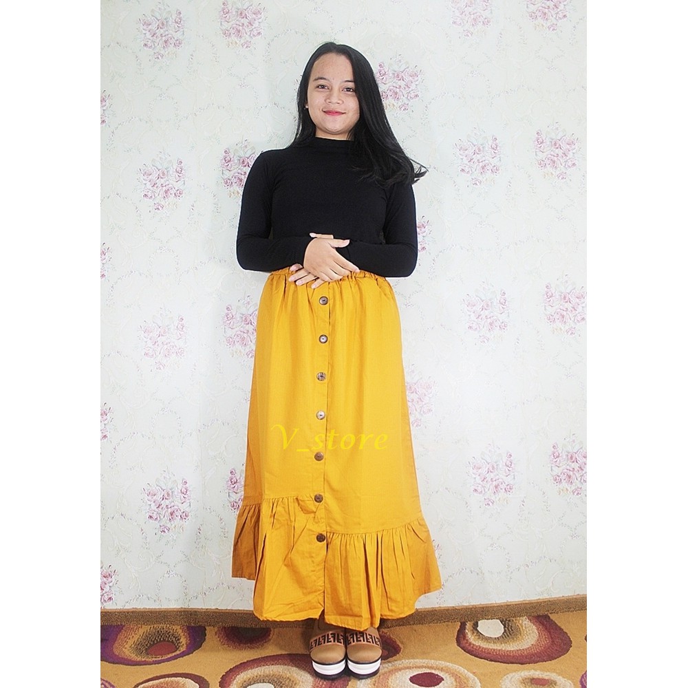 New Rok Wanita Panjang Bahan Katun Model Jingjet Kancing Rok Monica Skirt Warna Kuning Mustard