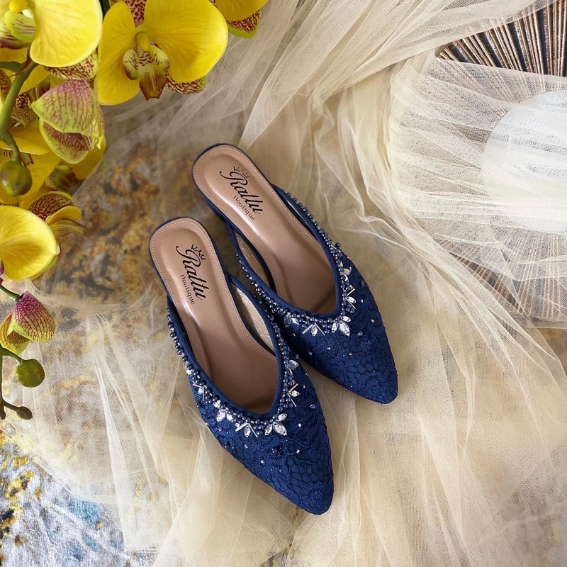 Termurah!!! COD Heels 3cm brukat payet mewah Farsya Navy / wedding shoes Navy / sepatu pengantin / sepatu tunangan / sepatu wisuda / sepatu hak