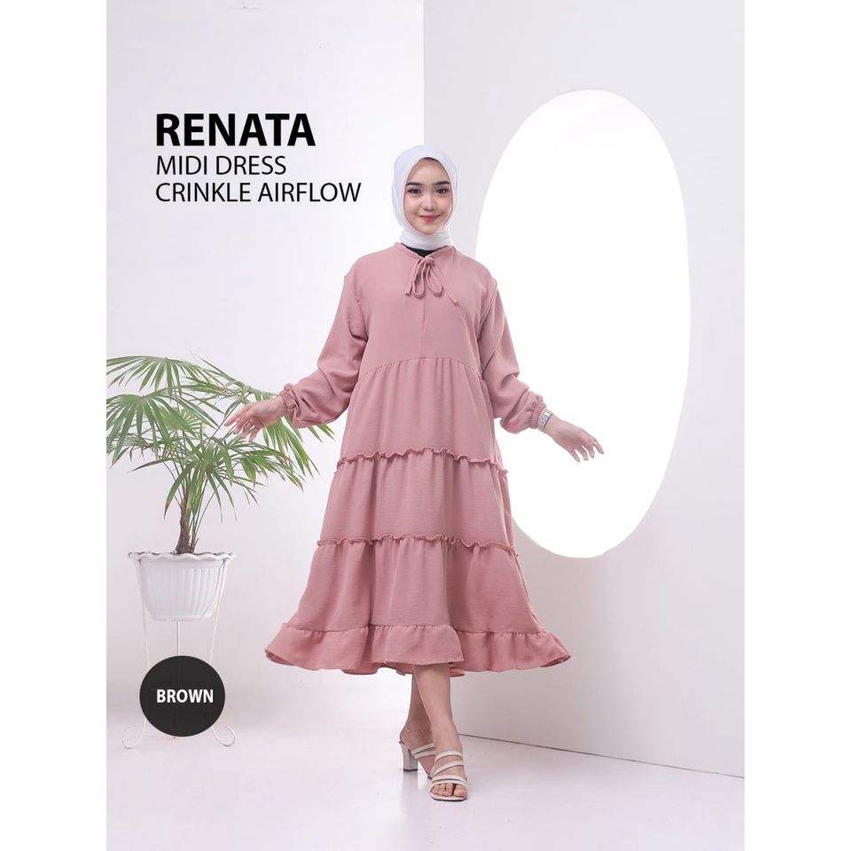 Midi Dress Renata Dress Wanita Crinkle Airflow Premium Baju Wanita Rempel Susun Fashion Wanita Kekinian