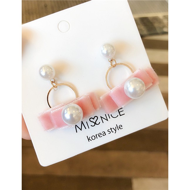 LRC Anting Tusuk Fashion Pink Velvet Bow Pearl Stud Earrings D19501