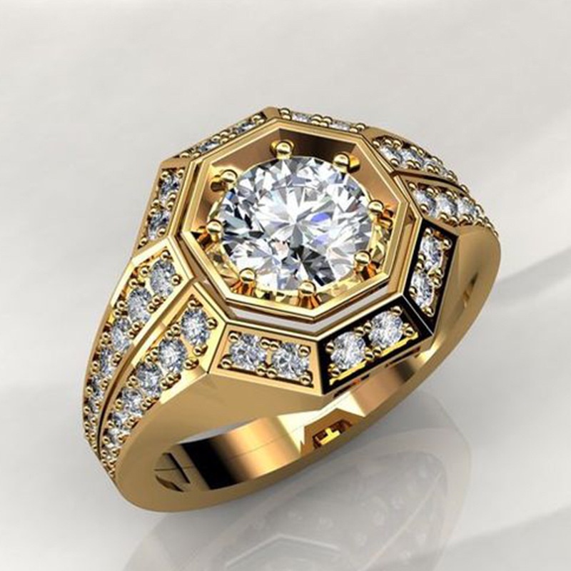 Cincin Couple Pria Wanita Emas Hias Cincin Batu Permata Berlian Zirkon Hip Hop Korea Titanium