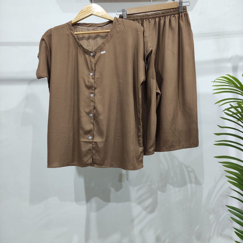 PIYAMA POLOS KANCING | PIYAMA BUSUI | BAJU SANTAI MURAH | HOMEDRESS MURAH | HOMEWEAR MURAH-VN 7/8 COKLAT