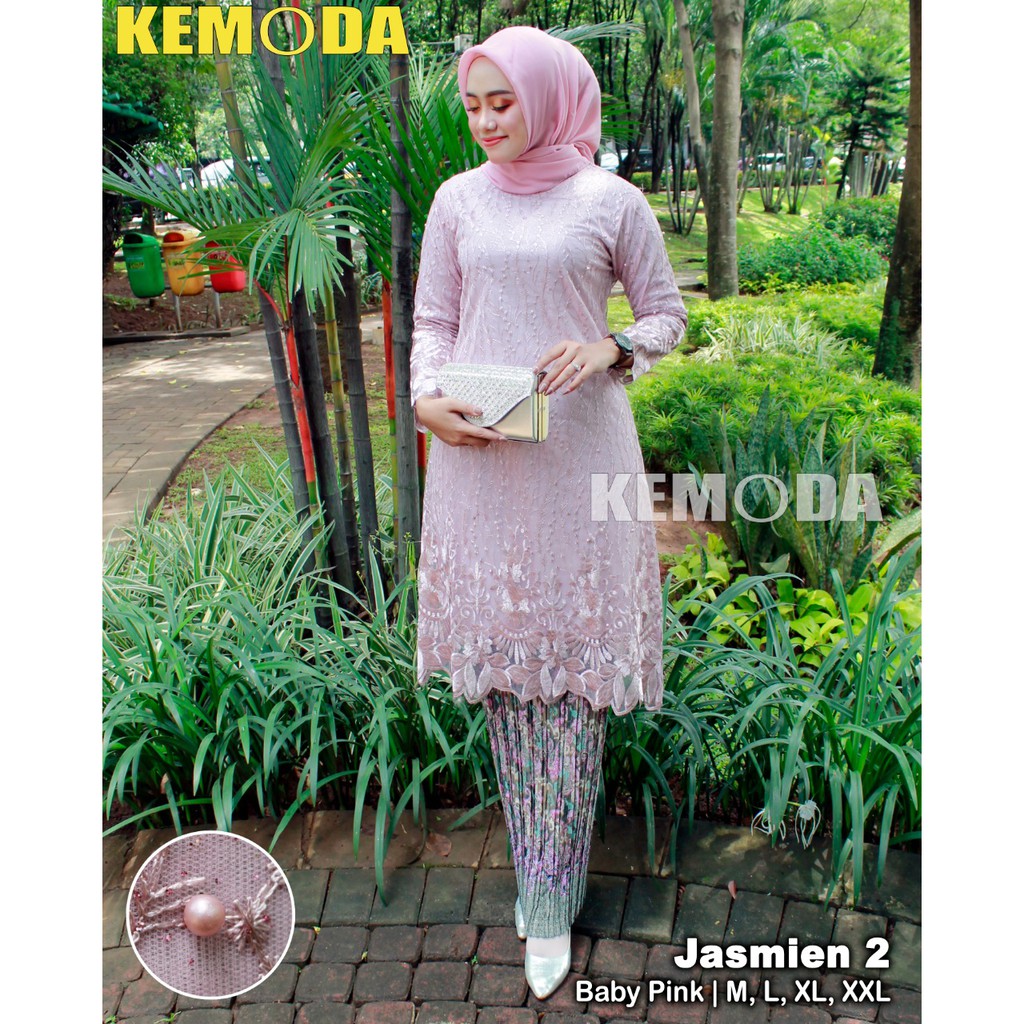 Setelan Kebaya Tunik Tile Jasmine 2 Warna Baby Pink Mix Plisket / Kebaya Modern