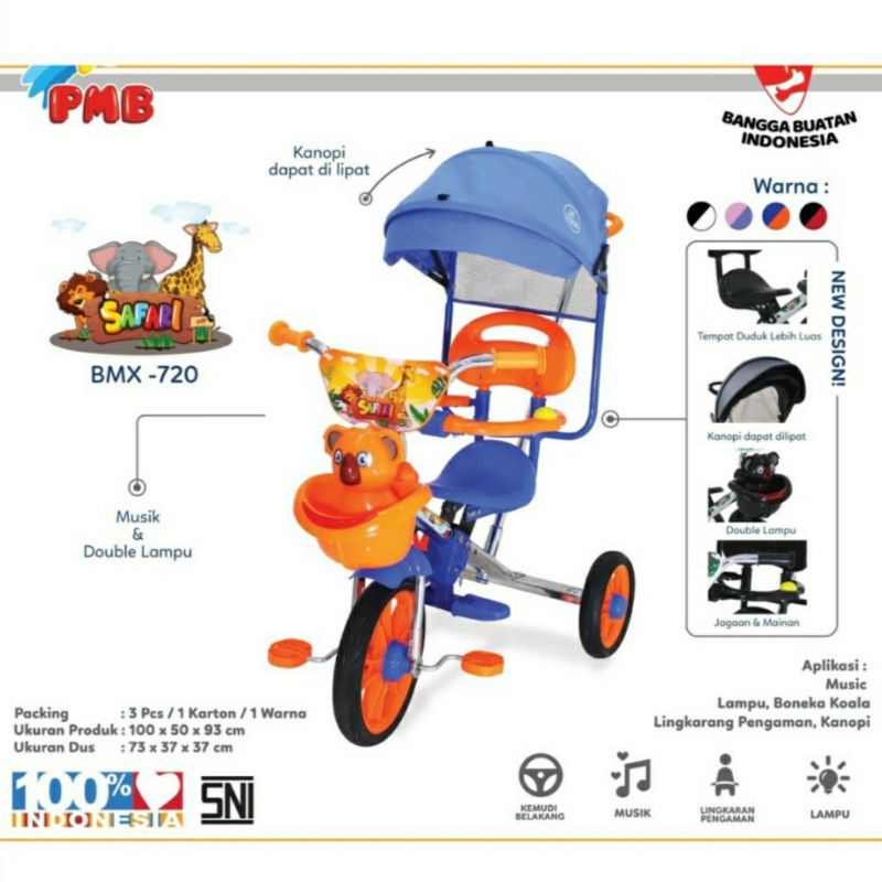 Sepeda Roda Tiga PMB BMX Safari 720 Nikel IC Music Light Koala Dorongan Stir Kemudi Sandaran Kanopi Tricycle Stroller Anak Bayi Laki