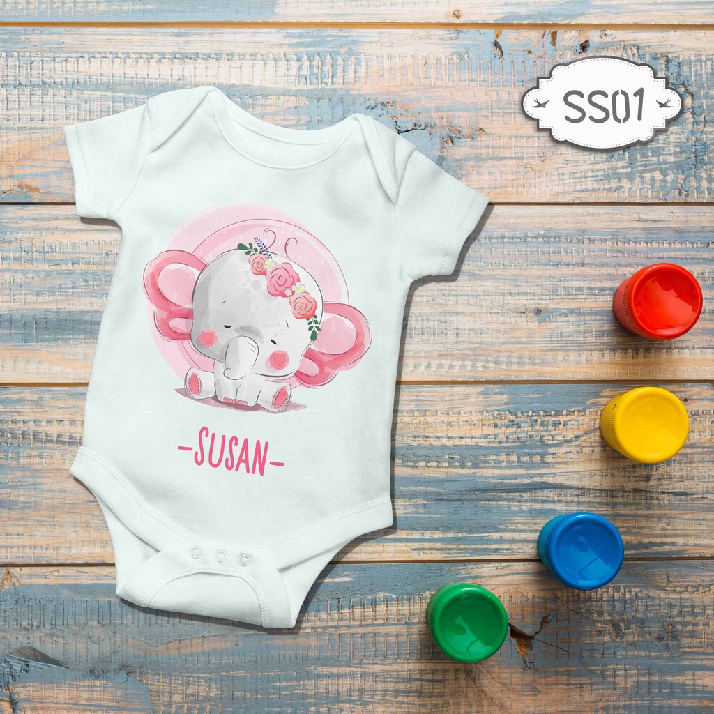 Jumper Baby Girl newborn Custom name nama bebas Elephant Cute Pinky