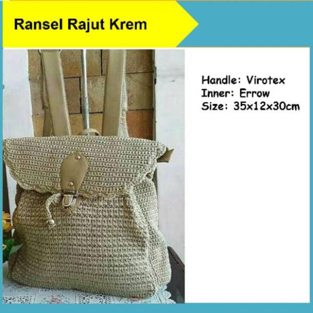 Tas Rajut Ransel Tutup Full Nilon Punggung Backpack Fashion Serut Krem