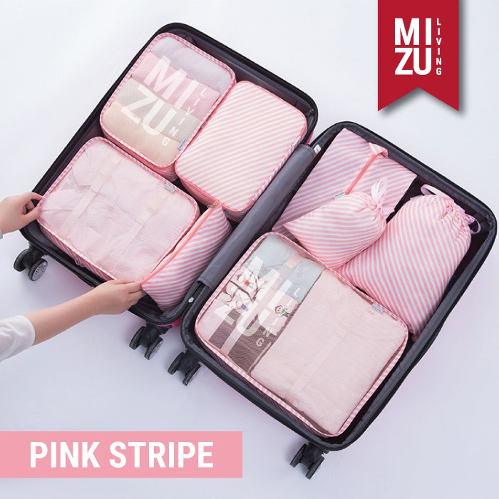 SECRET POUCH Travel Packing Cubes 8in1 Bag Organizer Tas Koper MOTIF-PINK Stripe