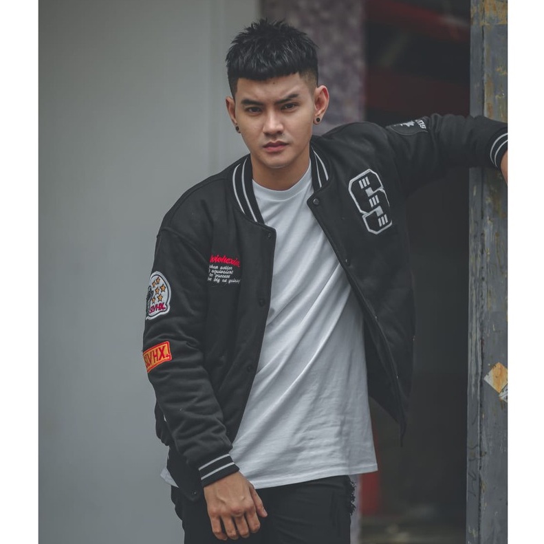 JAKET PRIA - JAKET BOMBER PRIA - JAKET VARSITY - JAKET SALVIO HEXIA-VARSITY FULLBLACK