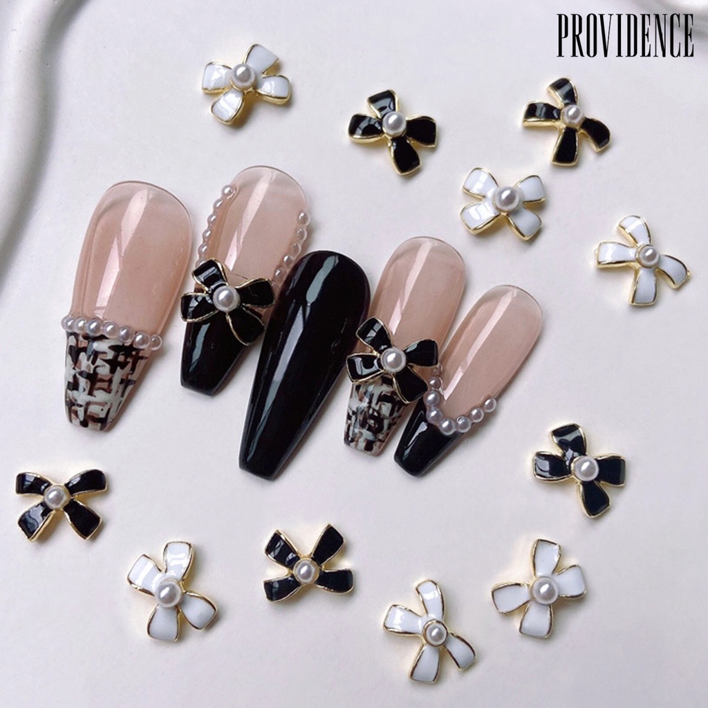 Providence 5Pcs / Set Kuku Palsu Motif Pita + Mutiara Imitasi Untuk Nail Art / Manicure DIY