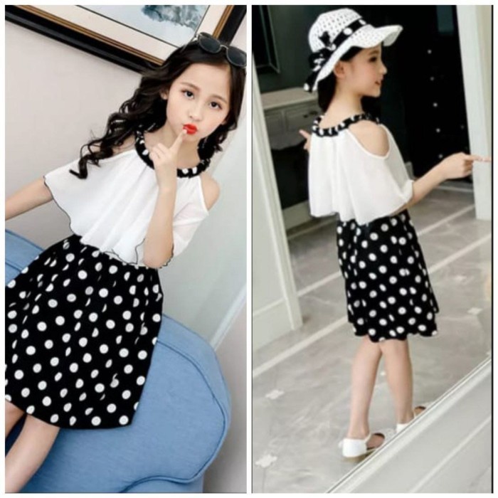 Setelan anak perempuan usia 5 6 7 8 tahun / One set baju rok pendek polkadot terbaru