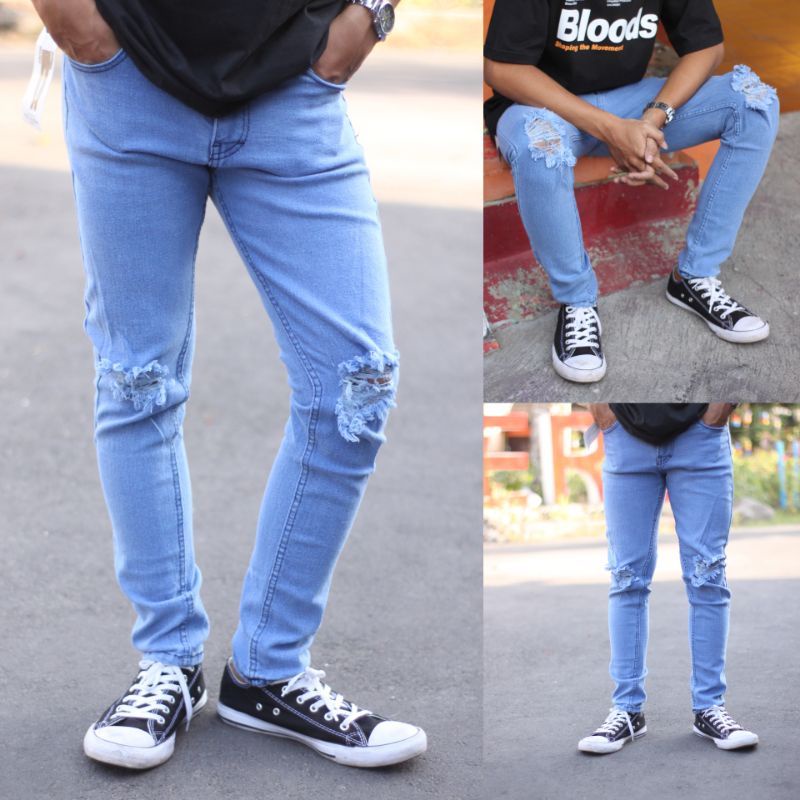 Celana jeans pria riped sobek lutut warna hitam pekat sofjins hitam riped sobek lutut bahan melar