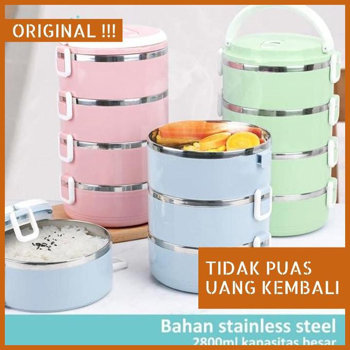 PROMO ECENTIO WHEAT STRAW/STAINLESS STEEL LUNCH BOX KOTAK BEKAL MAKAN SIANG - MERAH MUDA, 3 RANTANG