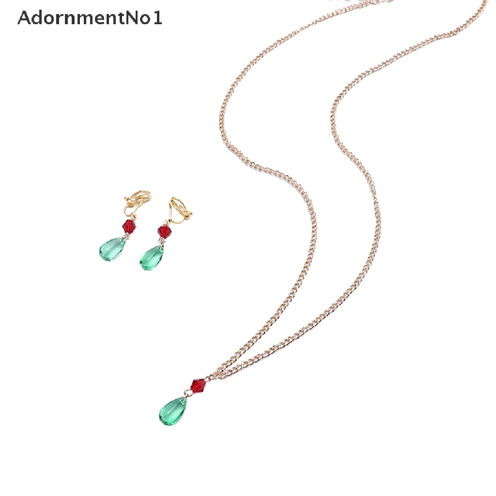 (AdornmentNo1) Kalung + Anting Gantung Panjang Kait Motif Kartun Anime Aksen Kristal Hijau Untuk Wanita