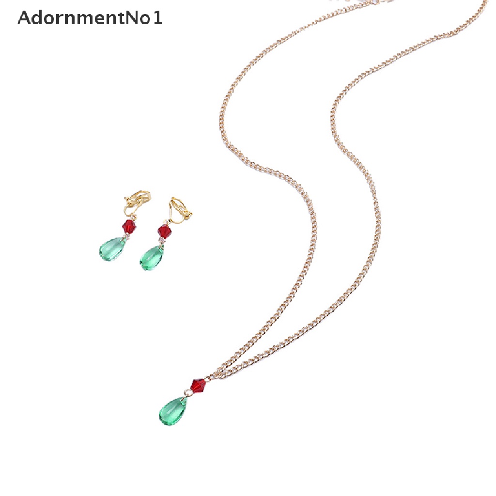 (AdornmentNo1) Kalung + Anting Gantung Panjang Kait Motif Kartun Anime Aksen Kristal Hijau Untuk Wanita