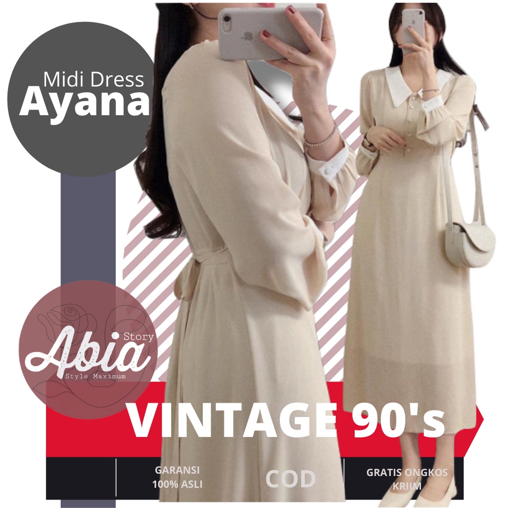 Baju Wanita Midi Dress Korea Ayana Gamis Wanita Casual Vintage Lengan Panjang Ceruty