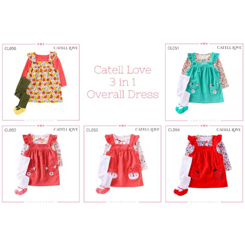 CATELL LOVE Setelan Baju Anak Bayi Perempuan 6-24 Bulan - 3in1 Overall Dress