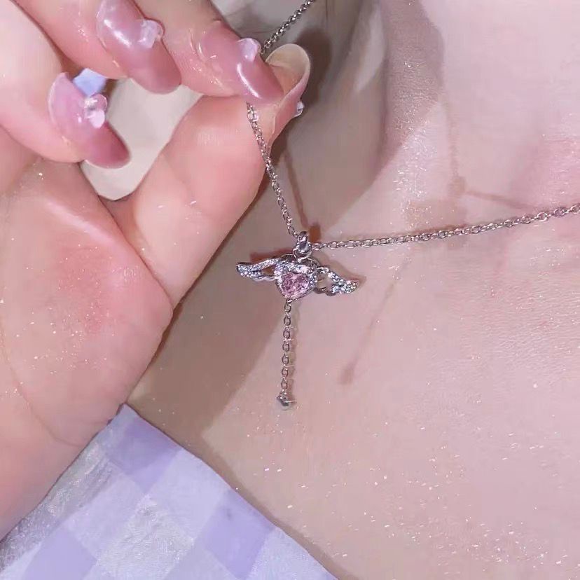 Barbie Kalung Rantai Silver 925 Liontin Hati + Sayap Malaikat Hias Cubic Zirconia Pink Untuk Wanita