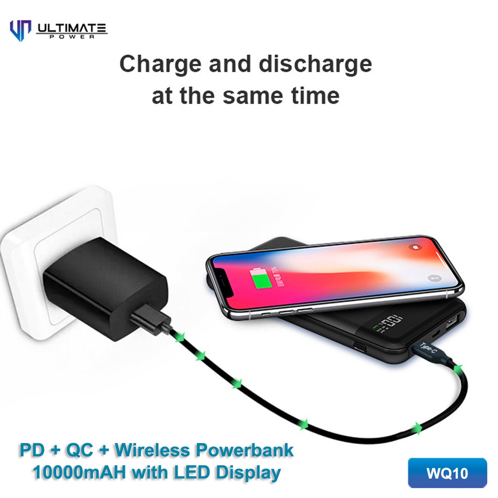 Powerbank 10000mAh Ultimate Power Wireless PD + QC with LED Display WQ10 Garansi resmi ulimate