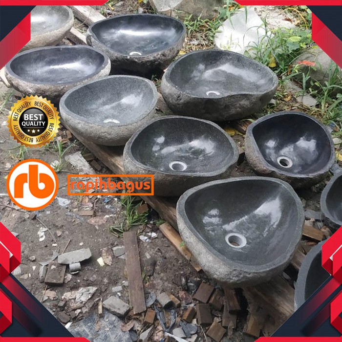 wastafel batu kali 50 cm model natural klasik alami bak cuci tangan piring keran pipa afur sifon uni