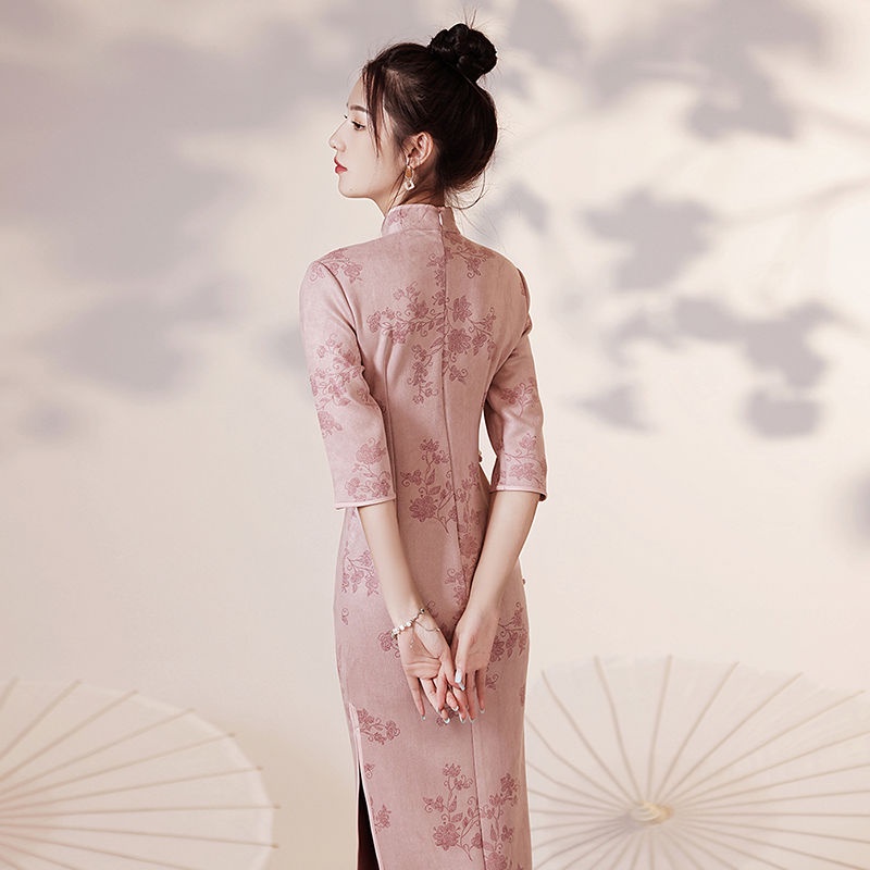 Retro Republic style cheongsam 2022 new spring long seven point sleeve high-grade powder temperament