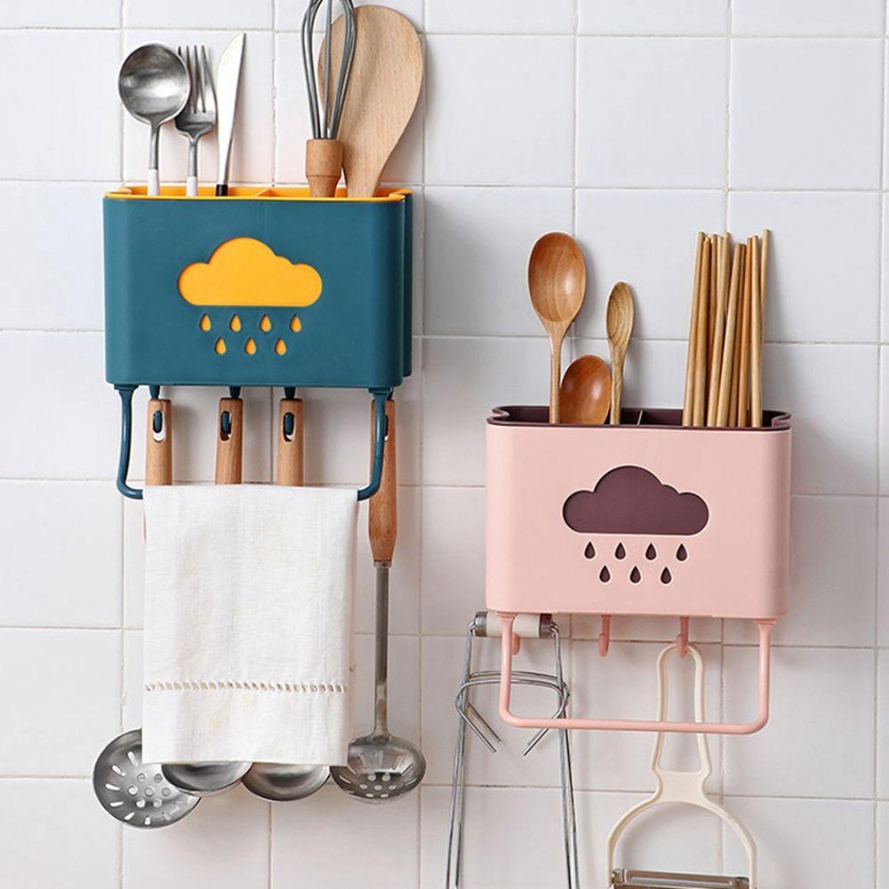 【 ELEGANT 】 Tempat Peralatan Makan Dinding Bebas Pukulan Penyimpanan Rak Garpu Sendok Drainase Drain Rack Drainer Cutlery Organizer