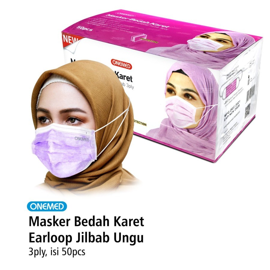 Masker Jilbab Onemed Medis Ungu 3 ply 50 pcs Masker Hijab Ungu Onemed Medis