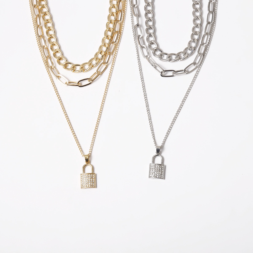 Kalung Rantai Liontin Gembok Gaya Vintage Punk Bahan Metal Warna Gold/Silver Untuk Wanita