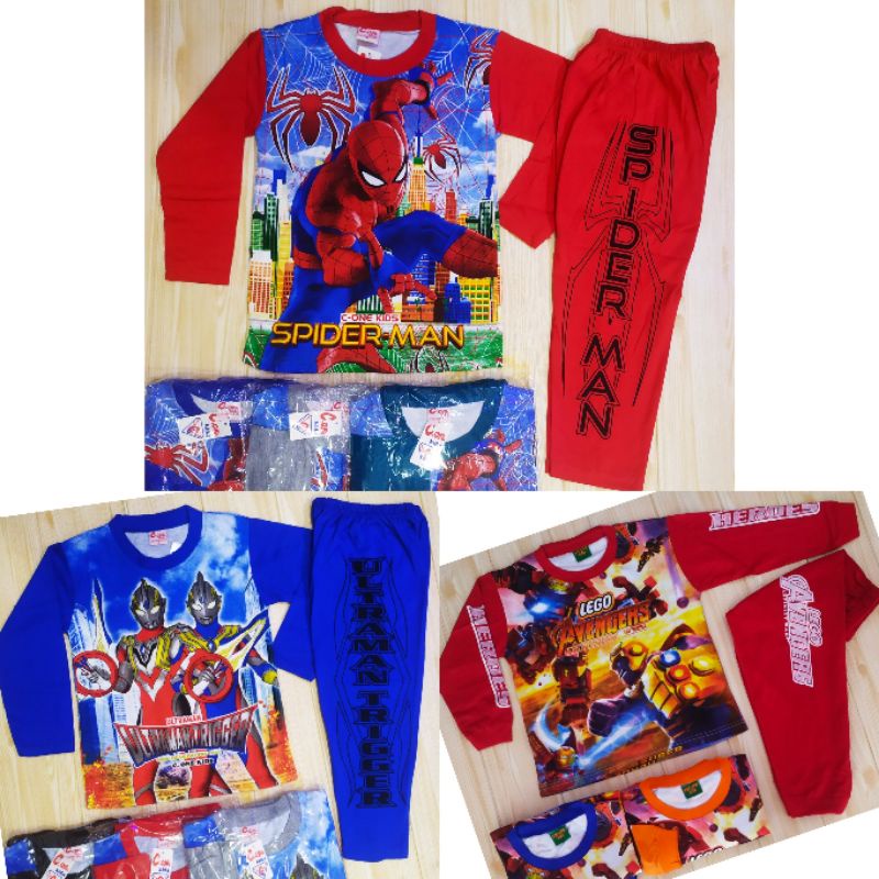 SETELAN PREMIUM SPIDERMAN ULTRAMAN  CAPTAIN AMERICA IRONMAN FULL PRINT 2-10 THN BAJU TIDUR ANAK LAKI-LAKI PANJANG